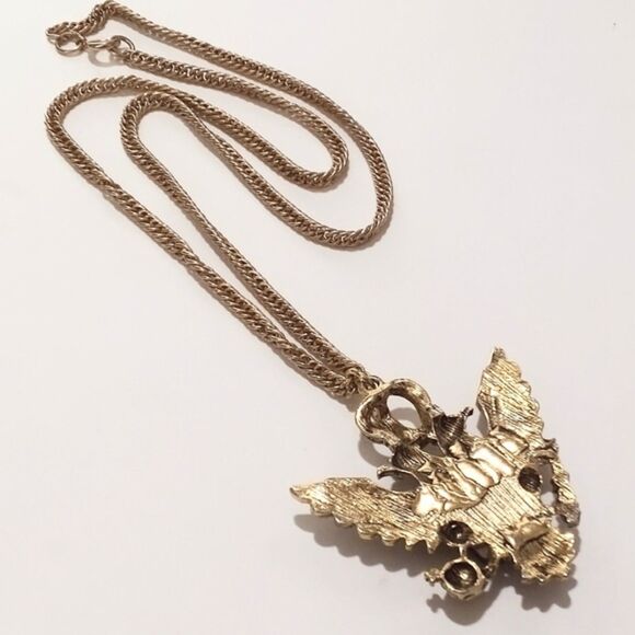 Vintage Gold Tone Rhinestone Double Eagle Pendant Necklace - Picture 7 of 7